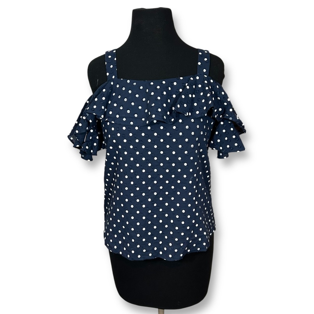 J. Crew Cold Shoulder Top Ruffle Polka Dot‎ Blouse Navy Blue Womens 4